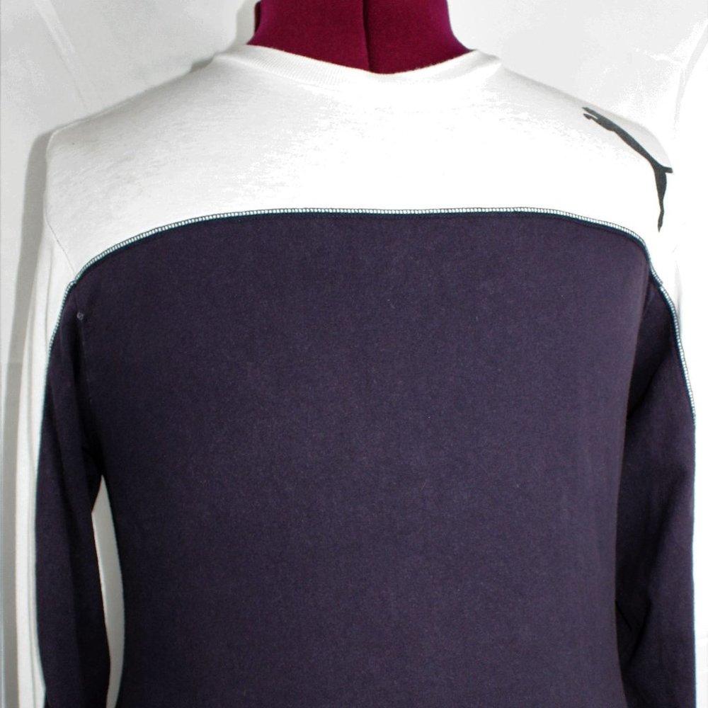 Puma Navy Gray Logo Men's Long Sleeve 100% Cotton Knit Shirt Size Medium